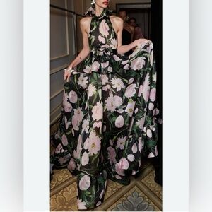 Carolina Herrera Green and Pink Floral Chiffon Gown